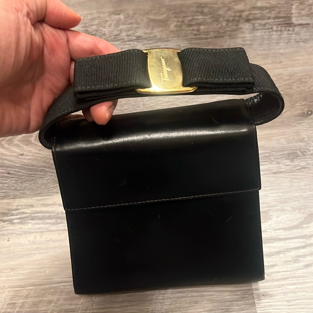 Salvatore Ferragamo Black Leather Bow Handle Shoulder Bag with Gold Accent